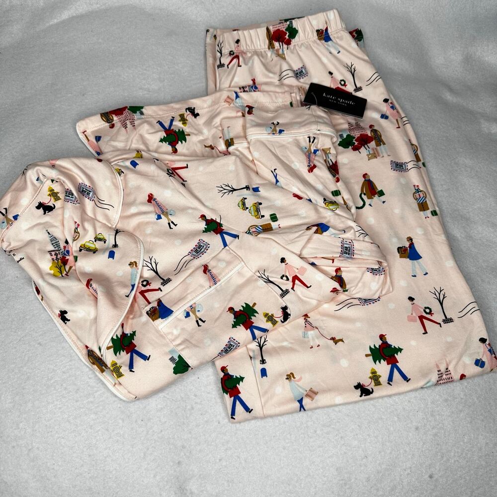 Kate Spade Winter City Scene Pajama Set Soft Knit Pink Size Small NWT $78